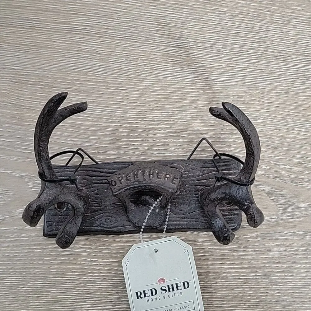 Red Shed Rustic Cast‎ Iron Wall Hanging Antler Style Bottle Opener New